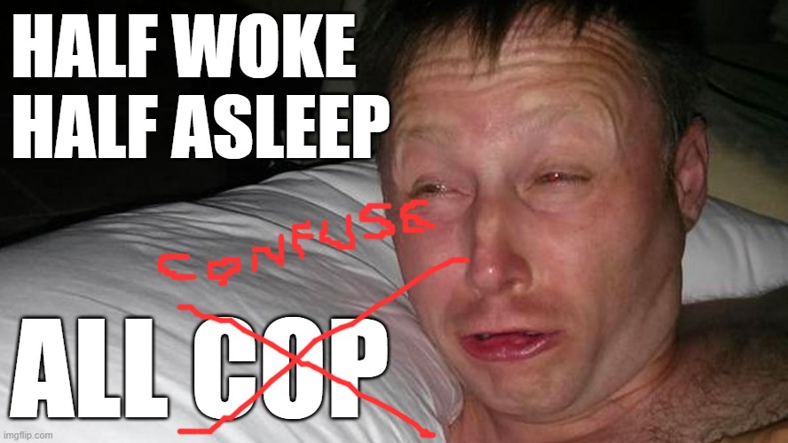 woken up | HALF WOKE
HALF ASLEEP ALL COP | image tagged in woken up | made w/ Imgflip meme maker