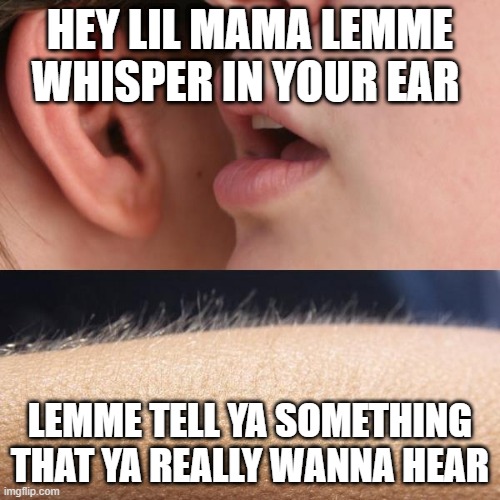 if you don't know the vine this won't' make sense- | HEY LIL MAMA LEMME WHISPER IN YOUR EAR; LEMME TELL YA SOMETHING THAT YA REALLY WANNA HEAR | image tagged in whisper and goosebumps | made w/ Imgflip meme maker