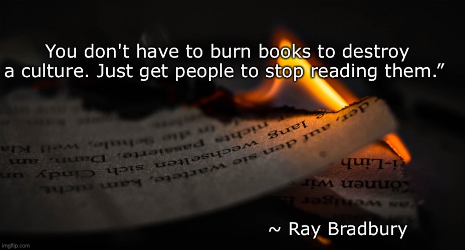 You don't have to burn books | You don't have to burn books to destroy a culture. Just get people to stop reading them.”; ~ Ray Bradbury | image tagged in burning books | made w/ Imgflip meme maker