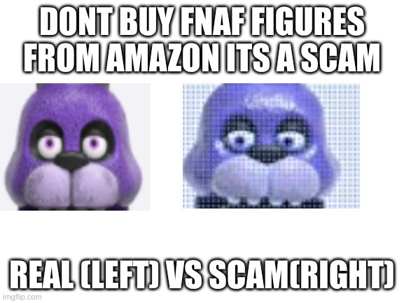 beleive me its a scam | DONT BUY FNAF FIGURES FROM AMAZON ITS A SCAM; REAL (LEFT) VS SCAM(RIGHT) | image tagged in blank white template | made w/ Imgflip meme maker