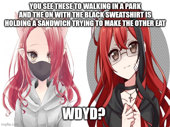 Check  tags for rules | YOU SEE THESE TO WALKING IN A PARK AND THE ON WITH THE BLACK SWEATSHIRT IS HOLDING A SANDWICH TRYING TO MAKE THE OTHER EAT; WDYD? | image tagged in no joke oc,erp in memechat,if you leave nothing will happen,romance allowed | made w/ Imgflip meme maker