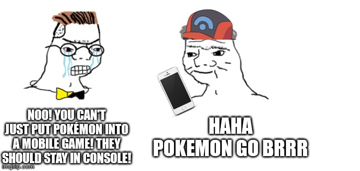 Terrible I know | NOO! YOU CAN'T JUST PUT POKÉMON INTO A MOBILE GAME! THEY SHOULD STAY IN CONSOLE! HAHA POKEMON GO BRRR | image tagged in nooo haha go brrr,pokemon go,haha pokemon go brr | made w/ Imgflip meme maker