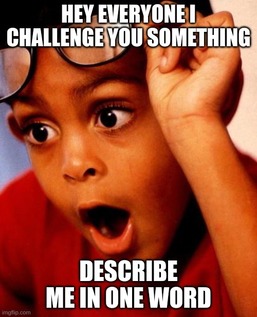 Describe me pls |  HEY EVERYONE I CHALLENGE YOU SOMETHING; DESCRIBE ME IN ONE WORD | image tagged in wow,comments,memes about memes | made w/ Imgflip meme maker
