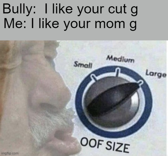 OOF | Bully:  I like your cut g       

Me: I like your mom g | image tagged in oof size large | made w/ Imgflip meme maker