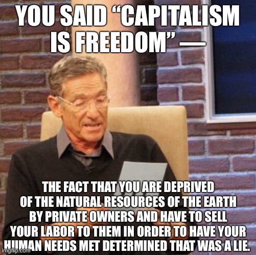 Capitalism ≠ freedom | YOU SAID “CAPITALISM
IS FREEDOM” —; THE FACT THAT YOU ARE DEPRIVED OF THE NATURAL RESOURCES OF THE EARTH BY PRIVATE OWNERS AND HAVE TO SELL YOUR LABOR TO THEM IN ORDER TO HAVE YOUR HUMAN NEEDS MET DETERMINED THAT WAS A LIE. | image tagged in memes,maury lie detector,capitalism,anti-capitalist,communism,socialism | made w/ Imgflip meme maker