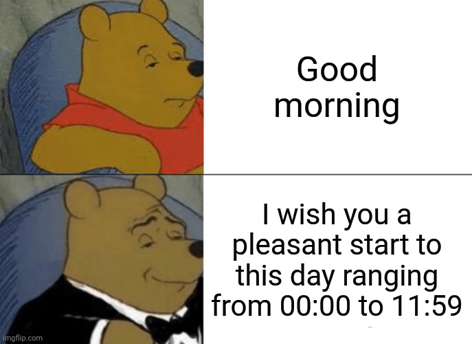 Tuxedo Winnie The Pooh | Good morning; I wish you a pleasant start to this day ranging from 00:00 to 11:59 | image tagged in memes,tuxedo winnie the pooh | made w/ Imgflip meme maker