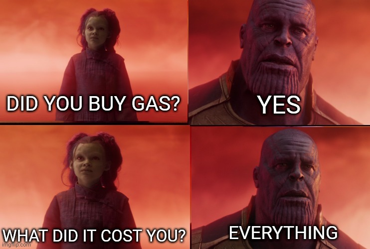 Everything | DID YOU BUY GAS? YES; WHAT DID IT COST YOU? EVERYTHING | image tagged in thanos what did it cost | made w/ Imgflip meme maker