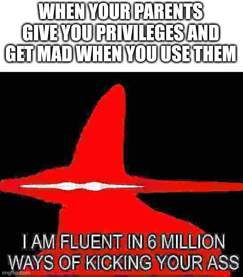 I am fluent in 6 million ways | WHEN YOUR PARENTS GIVE YOU PRIVILEGES AND GET MAD WHEN YOU USE THEM | image tagged in i am fluent in 6 million ways | made w/ Imgflip meme maker