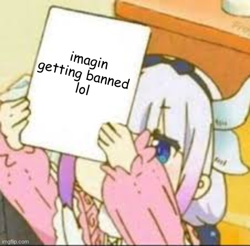 im jus chillin | imagin getting banned 
lol | image tagged in kanna holding a sign | made w/ Imgflip meme maker