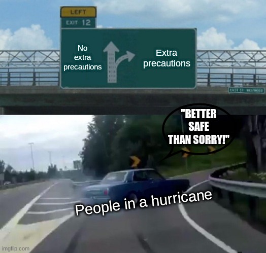 Left Exit 12 Off Ramp Meme | No extra precautions; Extra precautions; "BETTER SAFE THAN SORRY!"; People in a hurricane | image tagged in memes,left exit 12 off ramp | made w/ Imgflip meme maker