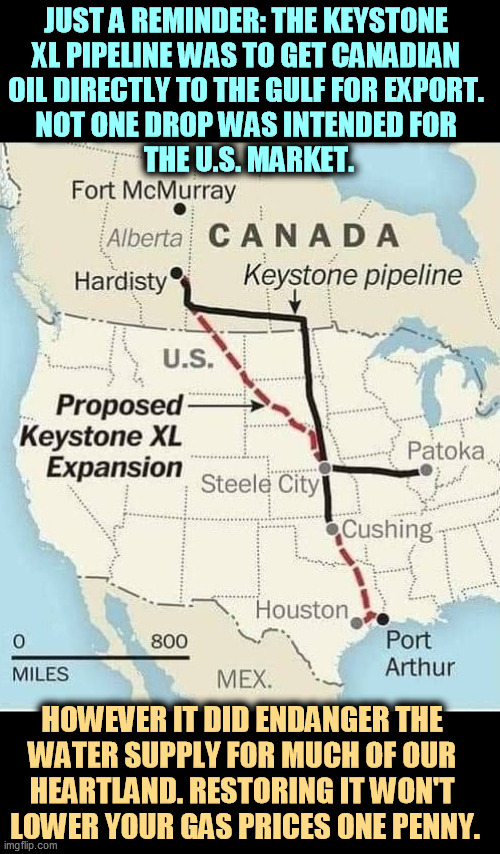 Another Republican con for the benefit of Koch Industries. | JUST A REMINDER: THE KEYSTONE 
XL PIPELINE WAS TO GET CANADIAN 
OIL DIRECTLY TO THE GULF FOR EXPORT. 
NOT ONE DROP WAS INTENDED FOR 
THE U.S. MARKET. HOWEVER IT DID ENDANGER THE 
WATER SUPPLY FOR MUCH OF OUR 
HEARTLAND. RESTORING IT WON'T 
LOWER YOUR GAS PRICES ONE PENNY. | image tagged in oil,pipeline,hurt,americans | made w/ Imgflip meme maker