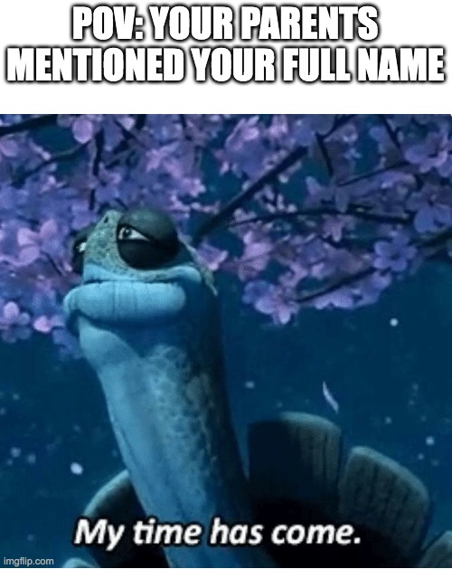 My Time Has Come | POV: YOUR PARENTS MENTIONED YOUR FULL NAME | image tagged in my time has come | made w/ Imgflip meme maker