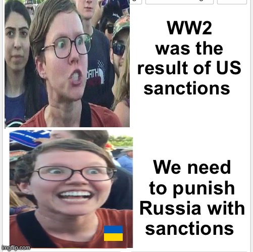 Dang sanctions | WW2 was the result of US sanctions; We need to punish Russia with sanctions | image tagged in liberal logic,political meme,politics lol,memes,derp | made w/ Imgflip meme maker