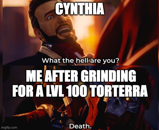 What the hell are you? Death | CYNTHIA; ME AFTER GRINDING FOR A LVL 100 TORTERRA | image tagged in what the hell are you death | made w/ Imgflip meme maker