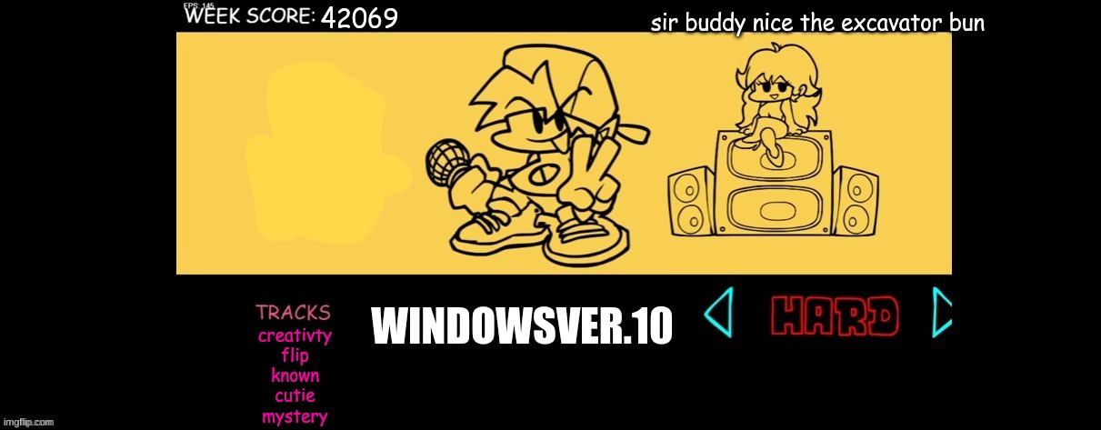 I forget why I did this | sir buddy nice the excavator bun; 42069; WINDOWSVER.10; creativty
flip
known
cutie
mystery | image tagged in fnf custom week | made w/ Imgflip meme maker