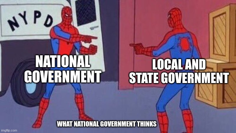 spiderman pointing at spiderman |  NATIONAL GOVERNMENT; LOCAL AND STATE GOVERNMENT; WHAT NATIONAL GOVERNMENT THINKS | image tagged in spiderman pointing at spiderman,government corruption | made w/ Imgflip meme maker