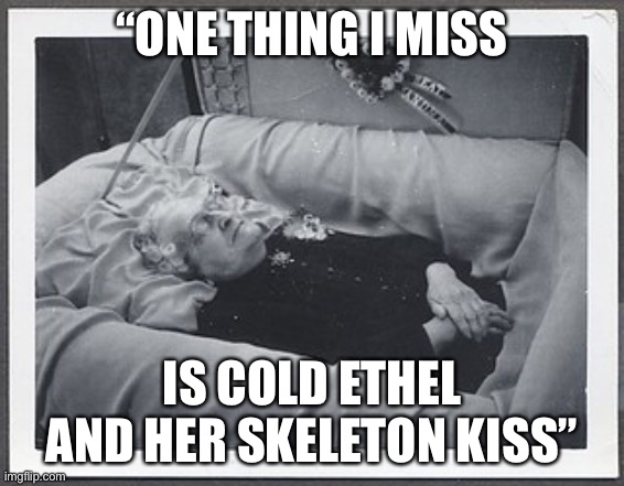 Alice Cooper | “ONE THING I MISS IS COLD ETHEL AND HER SKELETON KISS” | image tagged in old dead lady,cold,ethyl | made w/ Imgflip meme maker