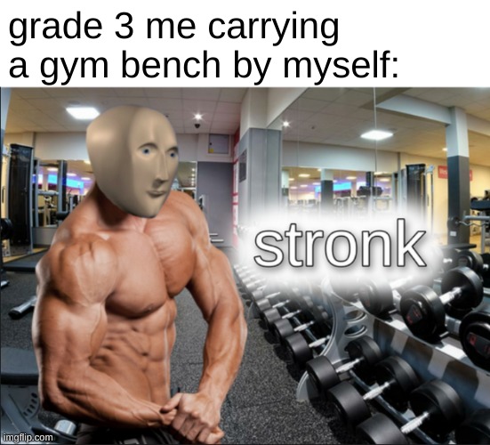 stronks |  grade 3 me carrying a gym bench by myself: | image tagged in stronks,meme man | made w/ Imgflip meme maker