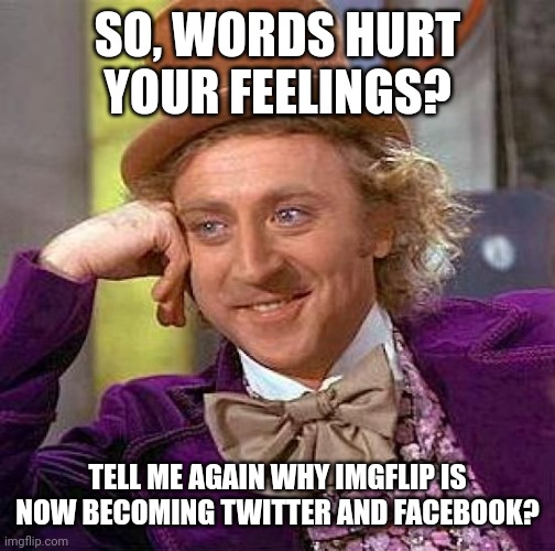 I get banned for calling someone a loser? Why are we so sensitive with mild language? This site is becoming Facebook and Twitter | SO, WORDS HURT YOUR FEELINGS? TELL ME AGAIN WHY IMGFLIP IS NOW BECOMING TWITTER AND FACEBOOK? | image tagged in memes,creepy condescending wonka | made w/ Imgflip meme maker