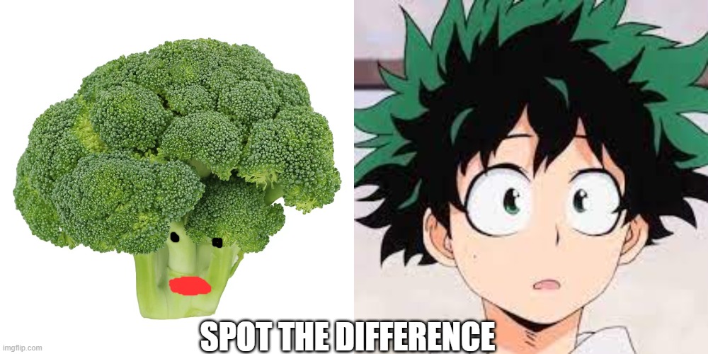 Deku and Broccoli |  SPOT THE DIFFERENCE | image tagged in deku,my hero academia,funny memes,spot the difference,ridiculous,funny | made w/ Imgflip meme maker