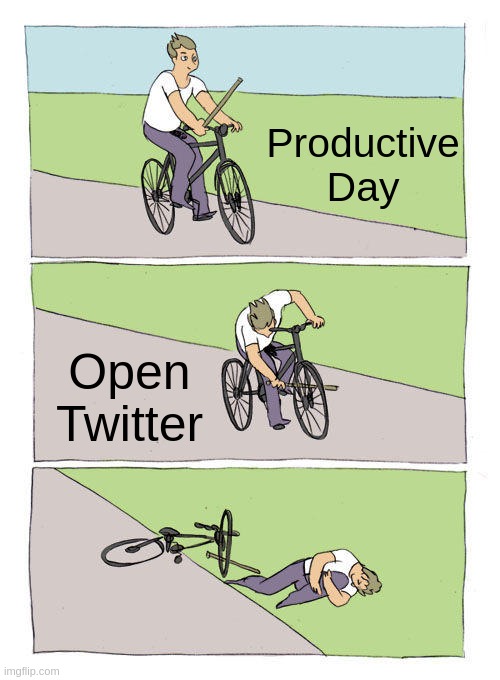 Productive day until open Twitter | Productive Day; Open Twitter | image tagged in memes,bike fall | made w/ Imgflip meme maker