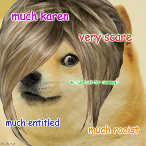 KAREN DOGE | much karen; very scare; so much ask for  manager; much entitled; much racist | image tagged in doge,funny,karen,karens,lol,lol so funny | made w/ Imgflip meme maker
