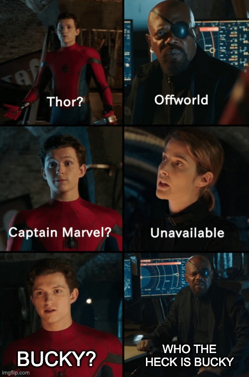 Thor off-world captain marvel unavailable |  WHO THE HECK IS BUCKY; BUCKY? | image tagged in thor off-world captain marvel unavailable,winter soldier,spiderman,nick fury,lol so funny | made w/ Imgflip meme maker