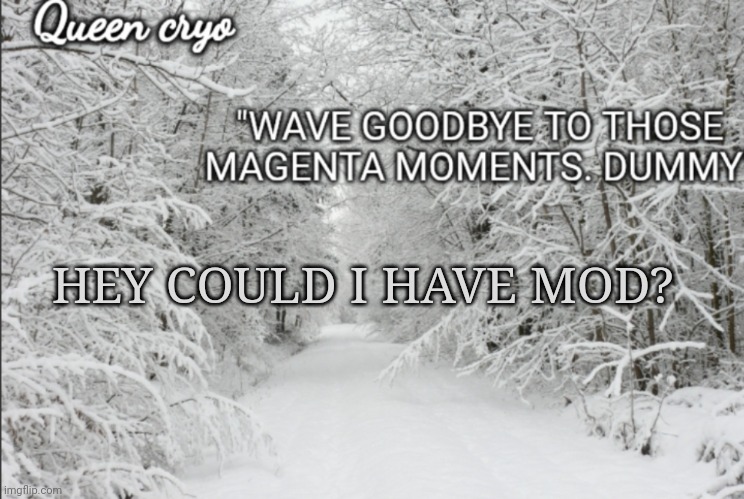 Just asking. I don't really care if I don't get it | HEY COULD I HAVE MOD? | image tagged in the snowy temp of queen cryo | made w/ Imgflip meme maker