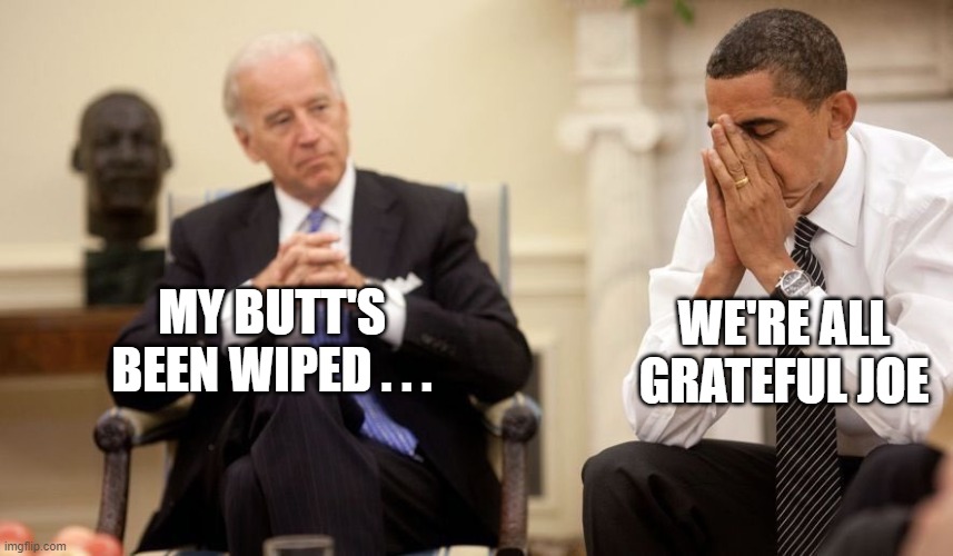 Biden Obama | MY BUTT'S BEEN WIPED . . . WE'RE ALL GRATEFUL JOE | image tagged in biden obama | made w/ Imgflip meme maker