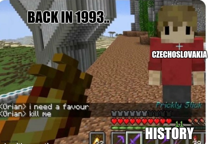 Before 1993 = Czechoslovakia, After 1993 = Czech republic and Slovakia | BACK IN 1993.. CZECHOSLOVAKIA; HISTORY | image tagged in grian kill me | made w/ Imgflip meme maker