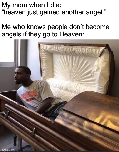 Coffin | My mom when I die: “heaven just gained another angel.”
 
Me who knows people don’t become angels if they go to Heaven: | image tagged in coffin | made w/ Imgflip meme maker