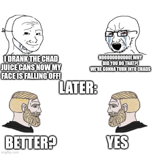 Chad we know | I DRANK THE CHAD JUICE CANS NOW MY FACE IS FALLING OFF! NOOOOOOOOOOO! WHY DID YOU DO THAT?! WE'RE GONNA TURN INTO CHADS; LATER:; YES; BETTER? | image tagged in chad we know | made w/ Imgflip meme maker