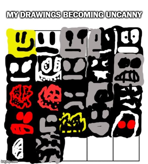My drawings becoming uncanny (extended) (improved) | MY DRAWINGS BECOMING UNCANNY | image tagged in blank five by five bingo grid | made w/ Imgflip meme maker