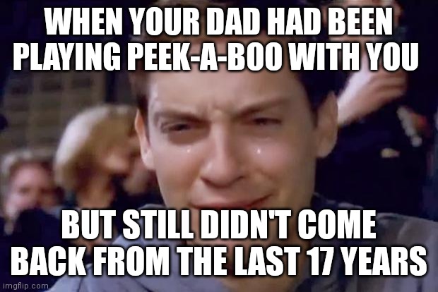 F in chat for those that don't have a father | WHEN YOUR DAD HAD BEEN PLAYING PEEK-A-BOO WITH YOU; BUT STILL DIDN'T COME BACK FROM THE LAST 17 YEARS | image tagged in tobey maguire crying | made w/ Imgflip meme maker