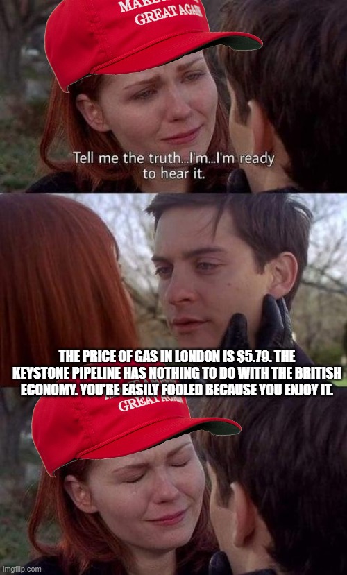 Tell me the truth, I'm ready to hear it | THE PRICE OF GAS IN LONDON IS $5.79. THE KEYSTONE PIPELINE HAS NOTHING TO DO WITH THE BRITISH ECONOMY. YOU'RE EASILY FOOLED BECAUSE YOU ENJOY IT. | image tagged in tell me the truth i'm ready to hear it | made w/ Imgflip meme maker
