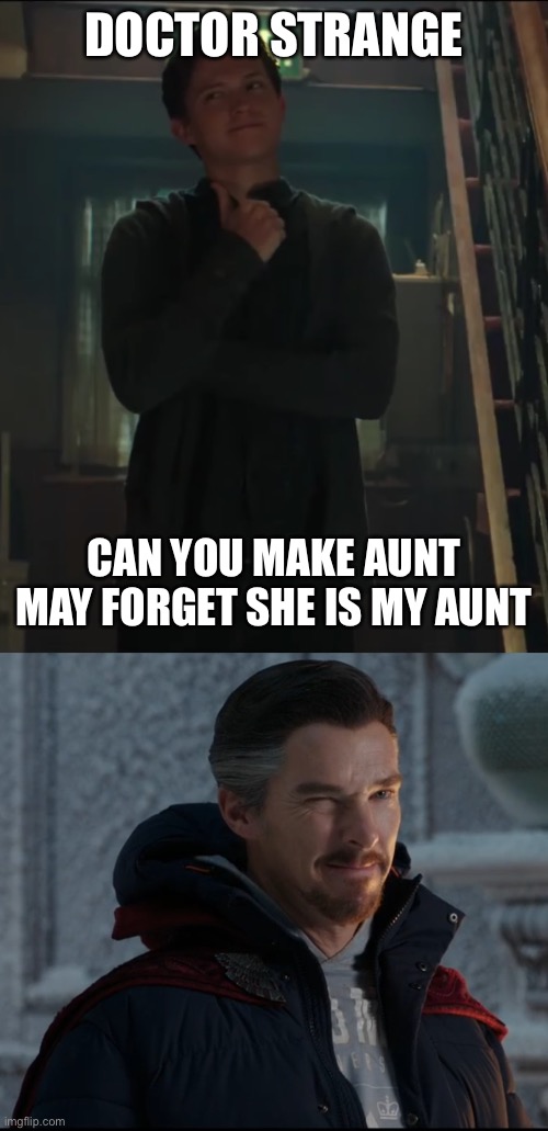 Dumb joke | DOCTOR STRANGE; CAN YOU MAKE AUNT MAY FORGET SHE IS MY AUNT | image tagged in peter parker,dr strange winking | made w/ Imgflip meme maker