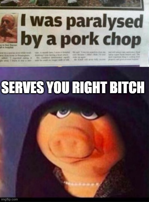 Porked to Death | SERVES YOU RIGHT BITCH | image tagged in dark miss piggy | made w/ Imgflip meme maker