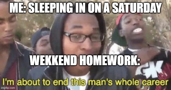 I’m about to end this man’s whole career | ME: SLEEPING IN ON A SATURDAY; WEKKEND HOMEWORK: | image tagged in i m about to end this man s whole career | made w/ Imgflip meme maker