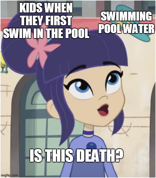 Kids at Swimming Pool = Death | SWIMMING POOL WATER; KIDS WHEN THEY FIRST SWIM IN THE POOL; IS THIS DEATH? | image tagged in is this a pigeon,strawberry shortcake,strawberry shortcake berry in the big city,repost,reposts,swimming pool kids | made w/ Imgflip meme maker