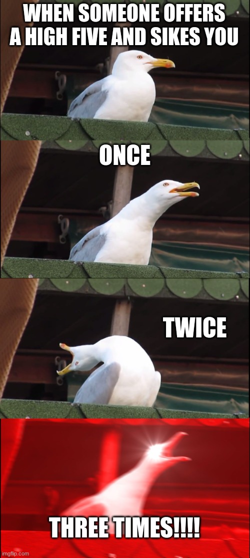 Inhaling Seagull | WHEN SOMEONE OFFERS A HIGH FIVE AND SIKES YOU; ONCE; TWICE; THREE TIMES!!!! | image tagged in memes,inhaling seagull | made w/ Imgflip meme maker