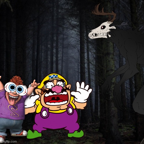 Wario and Snotty Boy dies by a Wendigo while exploring a mysterious forest.mp3 | image tagged in wario dies,wario,snotty boy,cryptid,animals | made w/ Imgflip meme maker