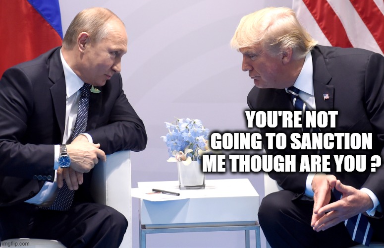 Putin Trump Secret | YOU'RE NOT GOING TO SANCTION ME THOUGH ARE YOU ? | image tagged in putin trump secret | made w/ Imgflip meme maker