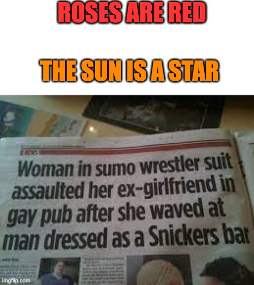 *chokes on coffee* |  ROSES ARE RED; THE SUN IS A STAR | image tagged in memes,funny,newspaper,roses are red,funny news reports | made w/ Imgflip meme maker