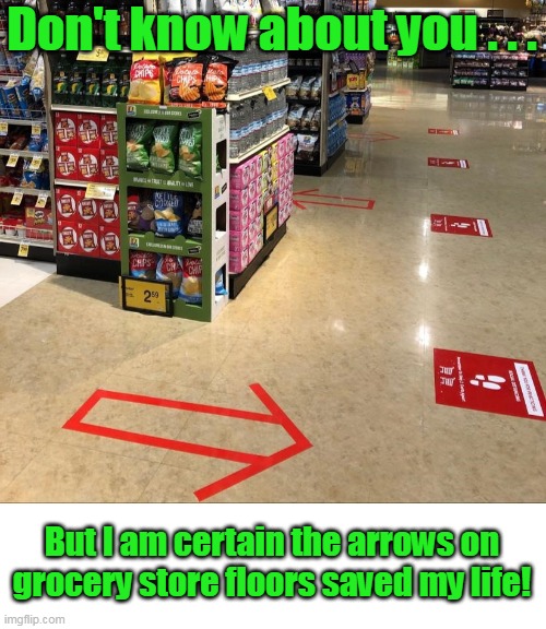 What will the liberals do without Covid panic? | Don't know about you . . . But I am certain the arrows on grocery store floors saved my life! | image tagged in stupid liberal policy,covid-19,covidiots,plandemic | made w/ Imgflip meme maker