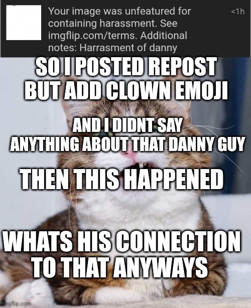 (Poke note: I dissaproved and reaproved it as a joke. And the connection is the clown emoji) | SO I POSTED REPOST BUT ADD CLOWN EMOJI; AND I DIDNT SAY ANYTHING ABOUT THAT DANNY GUY; THEN THIS HAPPENED; WHATS HIS CONNECTION TO THAT ANYWAYS | image tagged in confused cat | made w/ Imgflip meme maker