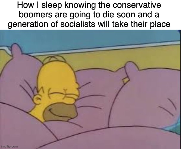 Workers built the world. They should own it. | How I sleep knowing the conservative boomers are going to die soon and a generation of socialists will take their place | image tagged in homer sleeping,working class,socialism,communism,democratic socialism,conservatives | made w/ Imgflip meme maker