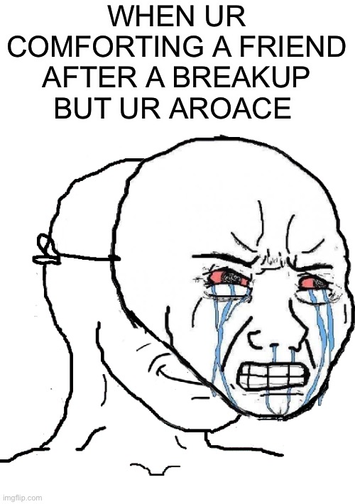 I don’t have such weaknesses | WHEN UR COMFORTING A FRIEND AFTER A BREAKUP BUT UR AROACE | image tagged in guy with happy face crying mask | made w/ Imgflip meme maker