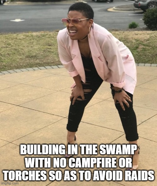 Swamp Building in Valheim | BUILDING IN THE SWAMP WITH NO CAMPFIRE OR TORCHES SO AS TO AVOID RAIDS | image tagged in squat and squint meme,valheim,gaming,pc gaming,survival,building | made w/ Imgflip meme maker