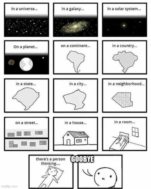 in a universe in a galaxy person thinking |  GOOBYE | image tagged in in a universe in a galaxy person thinking | made w/ Imgflip meme maker