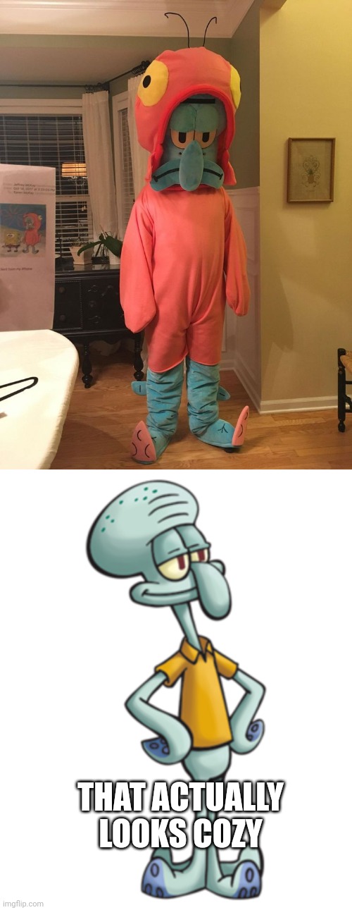 HE DOESN'T LOOK HAPPY THOUGH | THAT ACTUALLY LOOKS COZY | image tagged in squidward,spongebob squarepants,cosplay | made w/ Imgflip meme maker